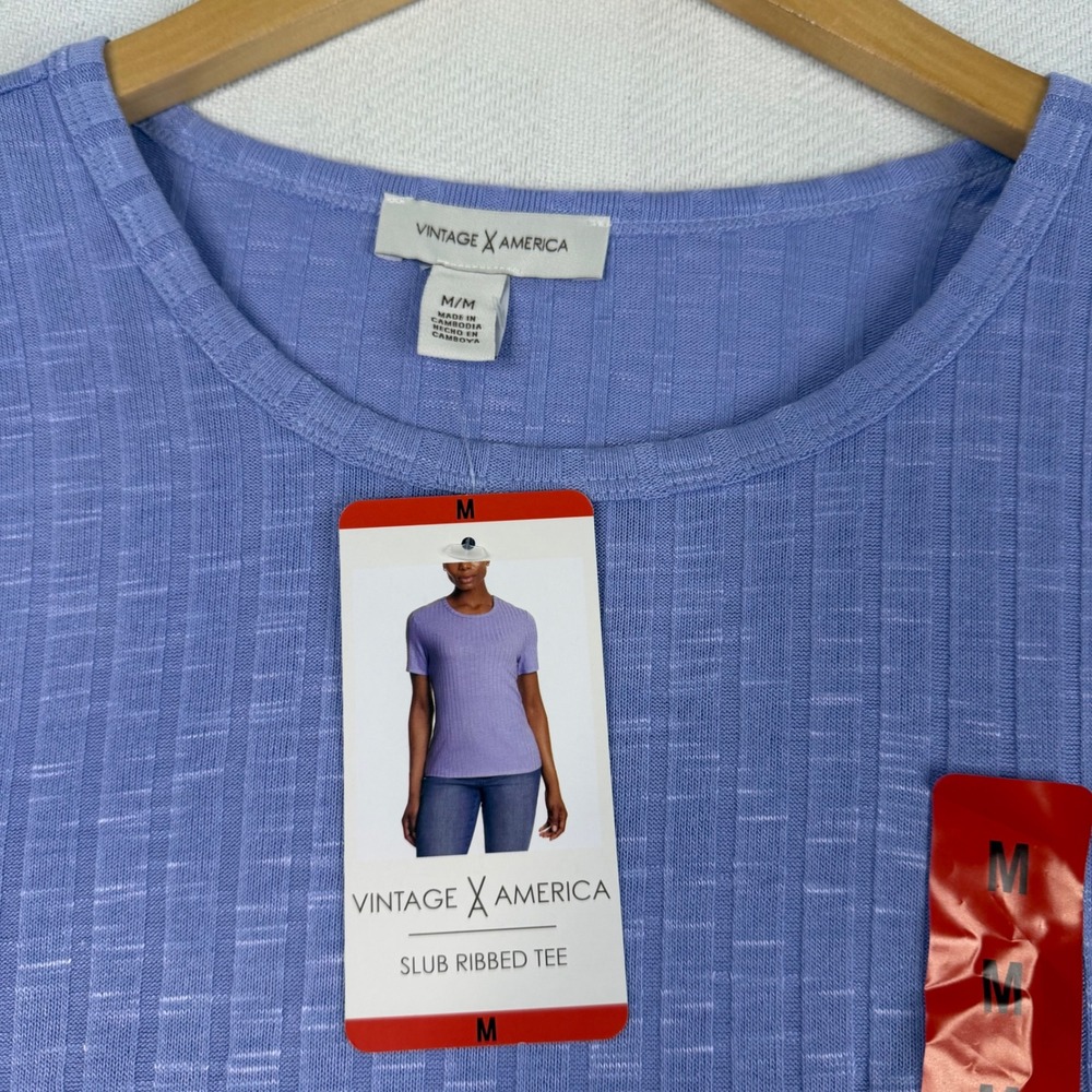 Vintage America Slub Ribbed Tee Blue Short Sleeve Crew Neck Top Womens Medium - Picture 3 of 8